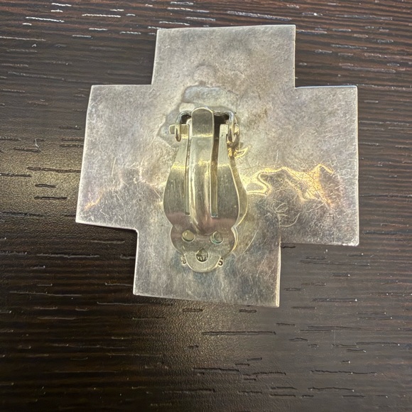 Vintage Sterling Cross Clip Earrings with Green Turquoise Cabochons - Picture 2 of 7